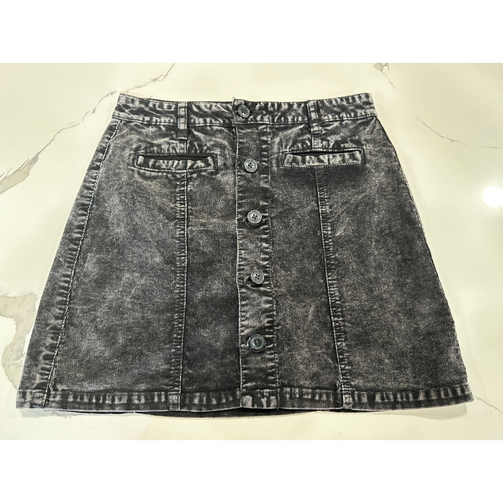 True Craft Acid Wash Corduroy Mini‎ Skirt Black Grey Button Front Size 7